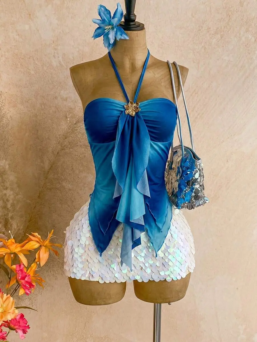 Soleia Light Blue Ocean Shell Decor Asymmetrical Hem Camisole for Women, Beach Night Vacation Out Holiday, Summer Fairycore, No Breast Pads Fairy