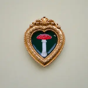 Red Mushroom Art Magnet with Green Background - Hand Trimmed Artwork, 1.57 x 1.88 Inches, Decorative Magnet for Home Decor