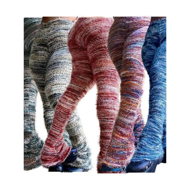 Women's Striped Print Flare Leg Fuzzy Sweater Pants Casual Street Style Comfort Knit Bell Bottom Trousers Fall Christmas Blue