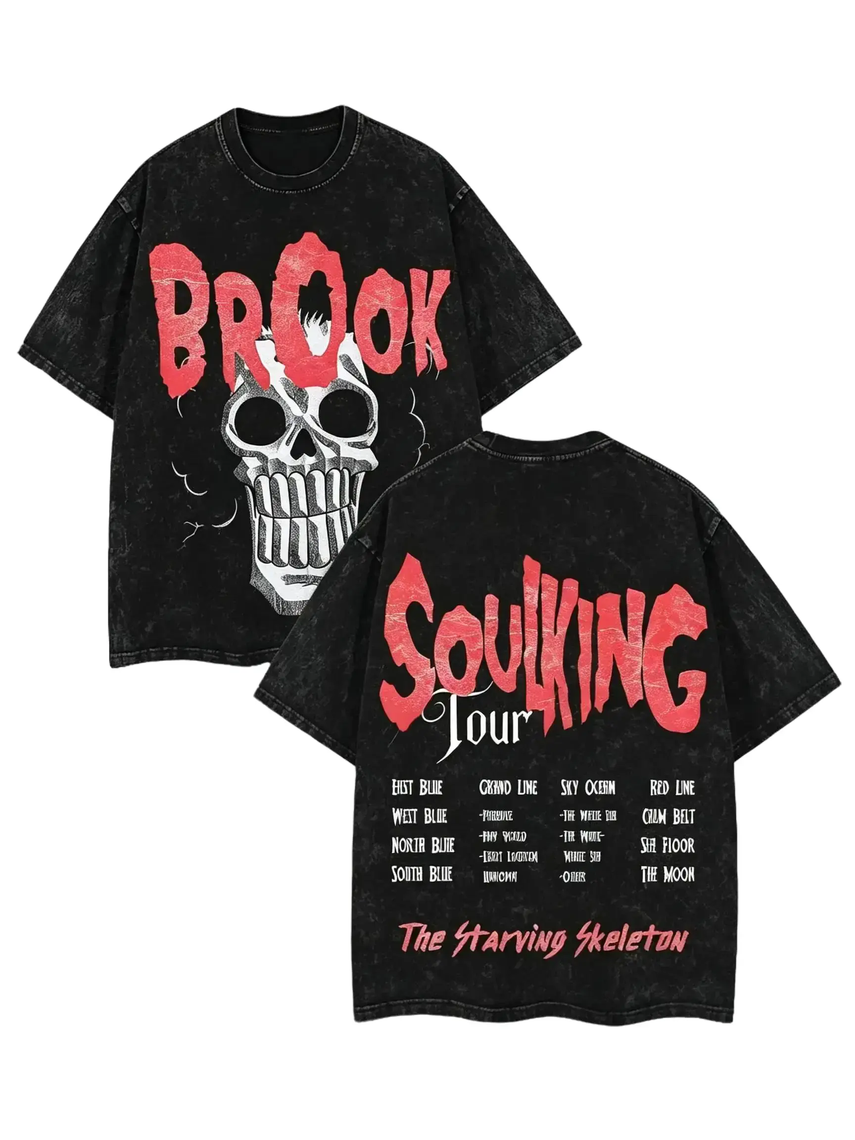 Men's Vintage Washed 1 Piece Brook (Soul King) Anime Graphic Oversized Cotton T-Shirt, Japanese Manga Harajuku Y2K Streetwear, Unisex Casual Summer Top,Soft Menswear,school outfit，streetwear，loose fashion, Crewneck
