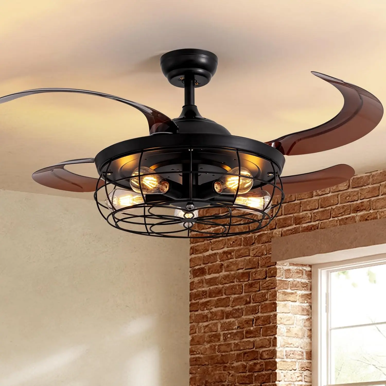 48" Retractable Ceiling Fan with Lights and Remote, Rustic Fandelier Ceiling Fan Black Bladeless Industrial Ceiling Fan for Farmhouse Living Room Dining Room Bedroom Kitchen Garage