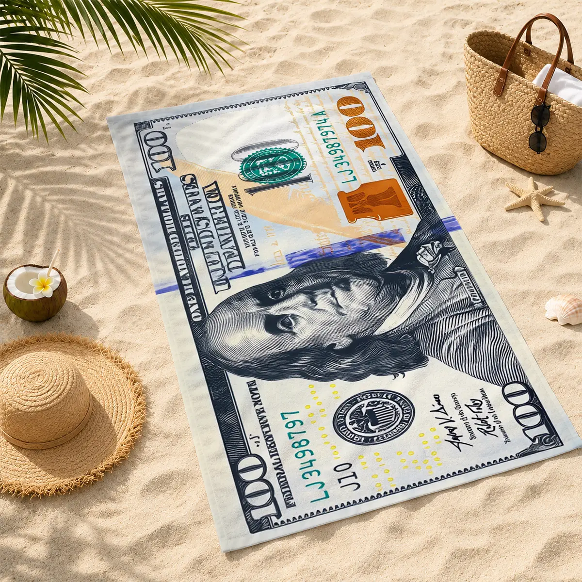 Dollar Bill Beach Towel 20x40in / 28x55in / 31x71in, Funny Money Print Quick Dry Microfiber Towel for Beach, Pool & Vacation
