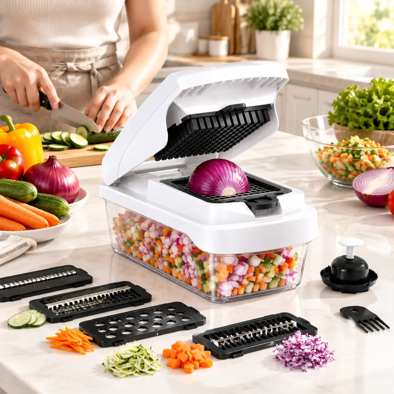 15-in-1 Fruit Vegetable Chopper Spiralizer, Multi Kitchen Dicer Mandoline Grater with 8 Interchangeable Blades, ABS & Metal, Dishwasher Safe for Home Food Prep