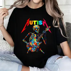 100 Percent Cotton Autism Awareness Skeleton Guitar Rock Art T Shirt For Music Lovers And Autistic Support Advocates Perfect For Casual Wear In Spring And Summer Ideal Gift For Friends Family Or Anyone Who Loves Unique Statement Tees