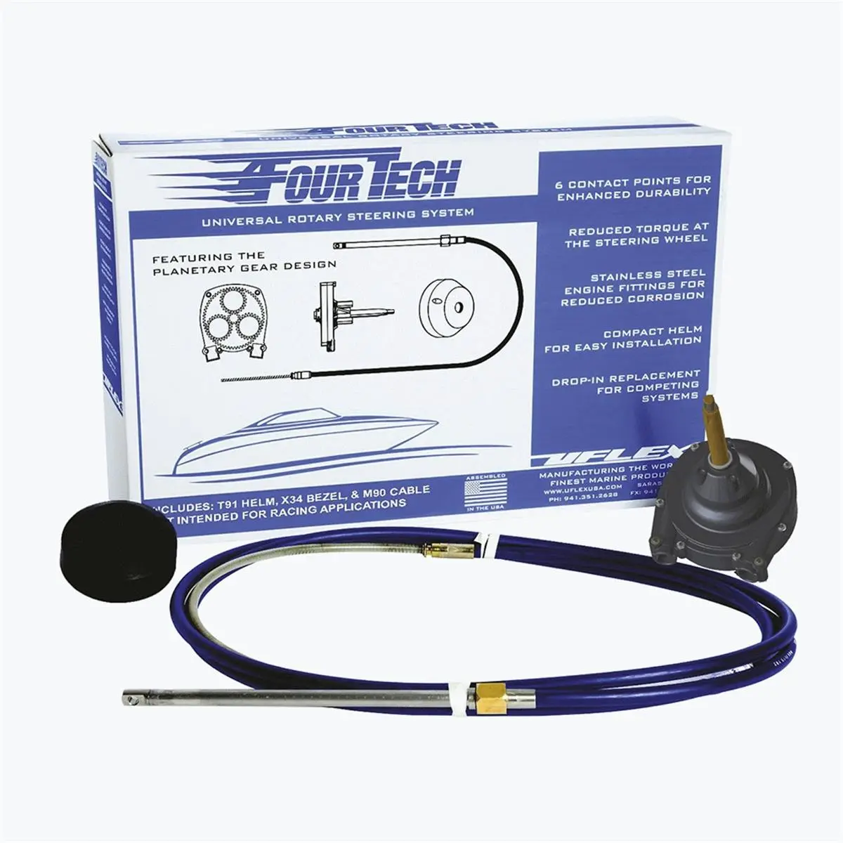 UFlex USA FOURTECH13 13 ft. Mach Rotary Steering System - T91 Compact Helm, Planetary Gear Design, Direct 'Drop In' Replacement, Easy Installation, Main Drive Shaft