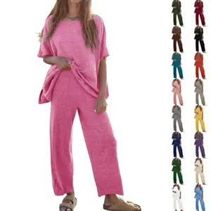 Imily Bela Women's 2 Piece Travel Outfits Casual Short Sleeve Knit Pullover Tops Wide Leg Pants Lounge Sets Tracksui