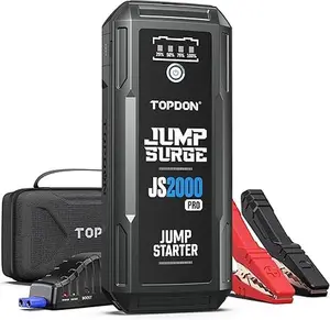 TOPDON JS2000 Pro Car Battery Jump Starter 2000A Peak 12V Portable Booster with Jumper Cables EVA Case for 8L Gas 6L Diesel Engines 300 Lumens LED Flashlight & Backup Power Bank