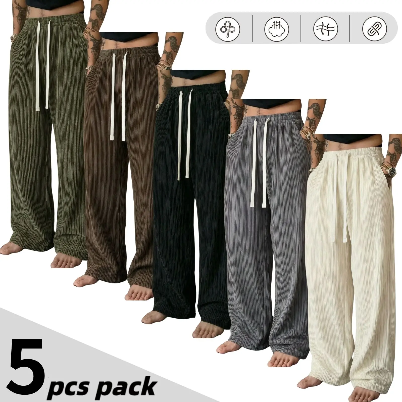 5-Pack Textured Flannel Casual Pants for Men with Drawstring Elastic Waist