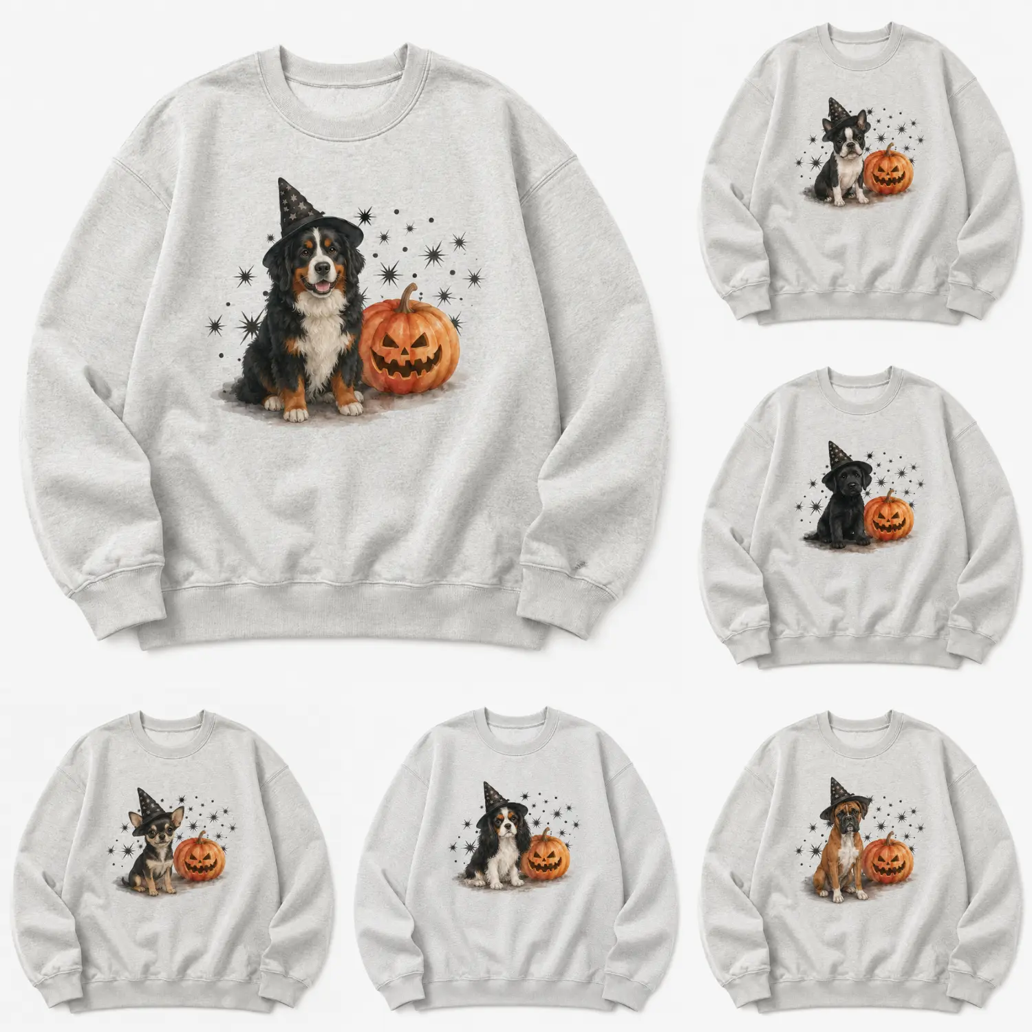 Spooky Dog 50+ Crewneck - Vintage Halloween Spooky Season Crewneck Cotton Polyester Womenswear Costume Sweater Shirt Grey Style