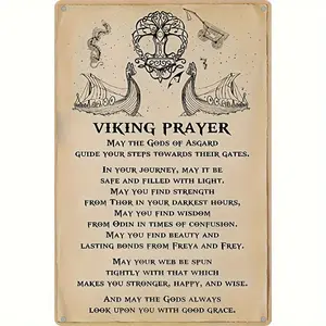 1pc 2D Viking Prayer Metal Plate, North God Odin, Freya, Viking Ship & Spiritual Wall Decor, Decorating, Beige/Black Vintage Nordic Mythology Decoration, 8X12 Inches (20X30cm), Home, Office, No Wiring Required, Pre-Drilled Holes for Easy Hanging