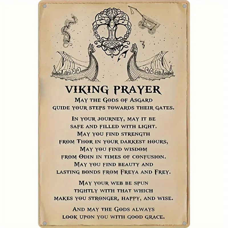 1pc 2D Viking Prayer Metal Plate, North God Odin, Freya, Viking Ship & Spiritual Wall Decor, Decorating, Beige/Black Vintage Nordic Mythology Decoration, 8X12 Inches (20X30cm), Home, Office, No Wiring Required, Pre-Drilled Holes for Easy Hanging