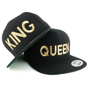 Trendy Apparel Shop King and Queen Gold Embroidered Flat Bill Structured Baseball Cap