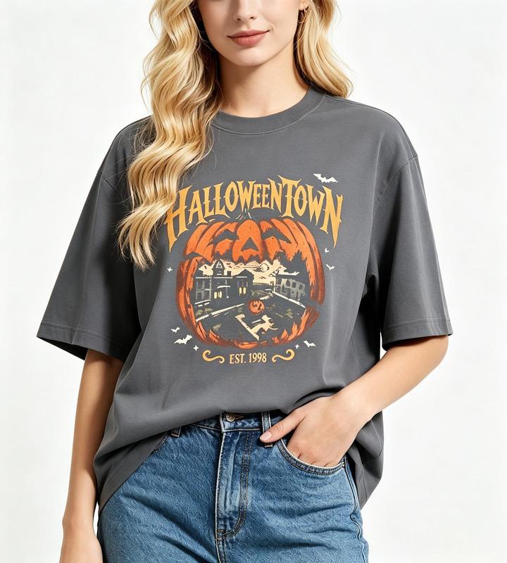 Women's Halloween Town Casual T-Shirt - Vintage Pumpkin Graphic, Comfortable Cotton Fabric, Short Sleeve Crew Neck, Flattering Fit