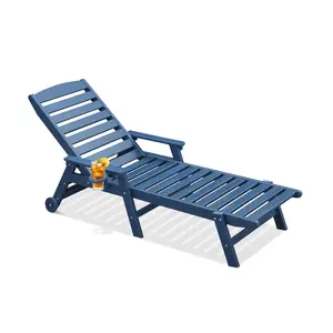 HDPE Outdoor Chaise Lounge, 78.4'' Poly Lounge Chair with Rolling Wheels & Cup Holder, 5 Positions Adjustable Outdoor Lounger, HDPE Patio Chaise Lounge Chair for Pool, Backyard