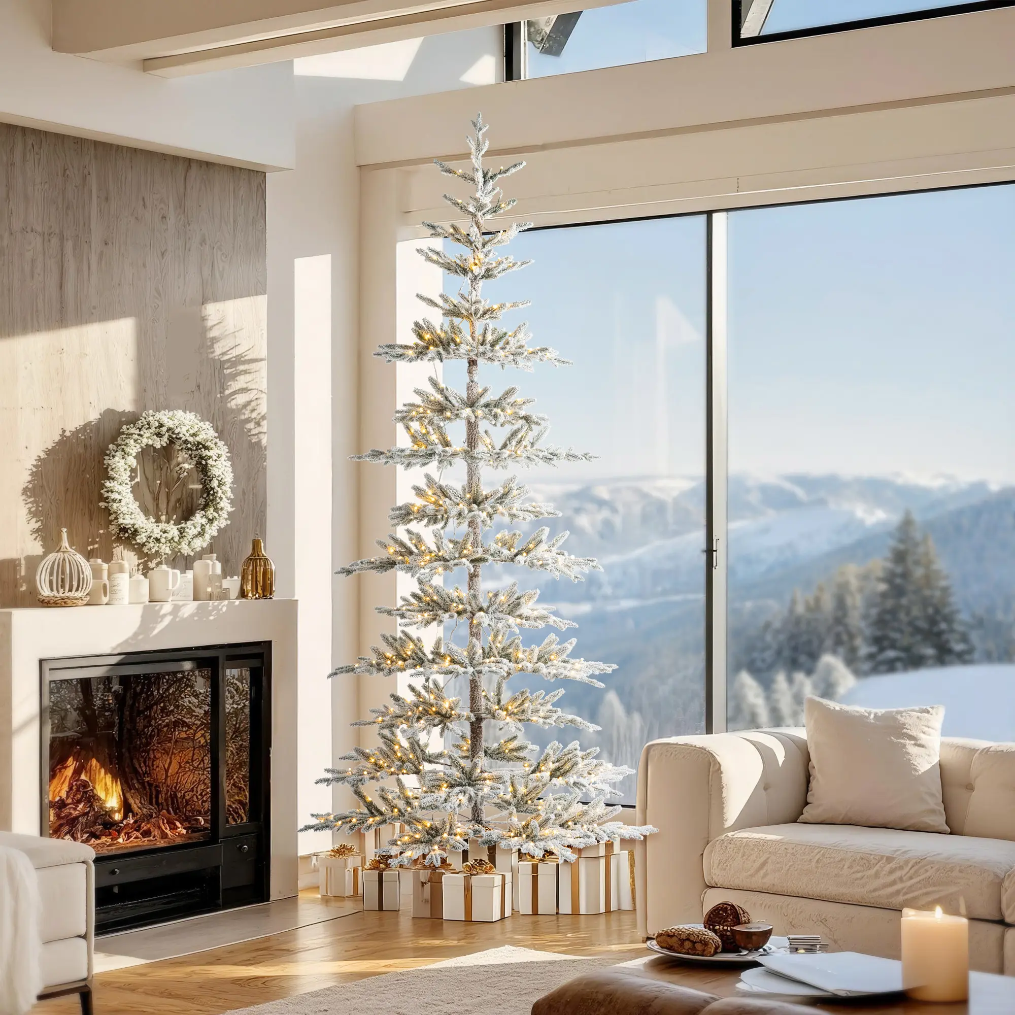 【Christmas in July】 Glitzhome 6ft/7ft/9ft Deluxe Pre-Lit Flocked Slim Fir Artificial Christmas Tree with Warm White Lights,3 Function