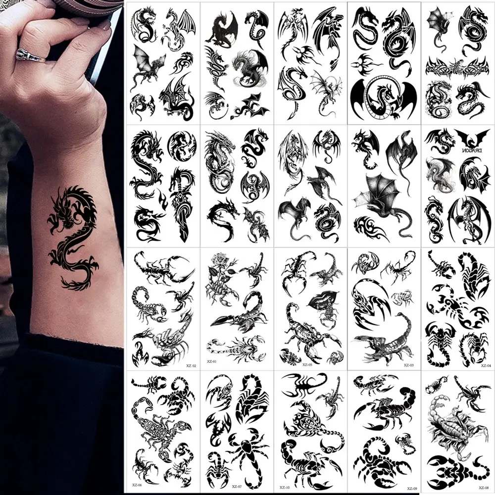 10pcs Dragon Scorpion Snake Waterproof Temporary Tattoo Stickers, Fake Body Art Tattoos for Men, Women (Hand, Neck Application), Dragon Temporary Tattoos