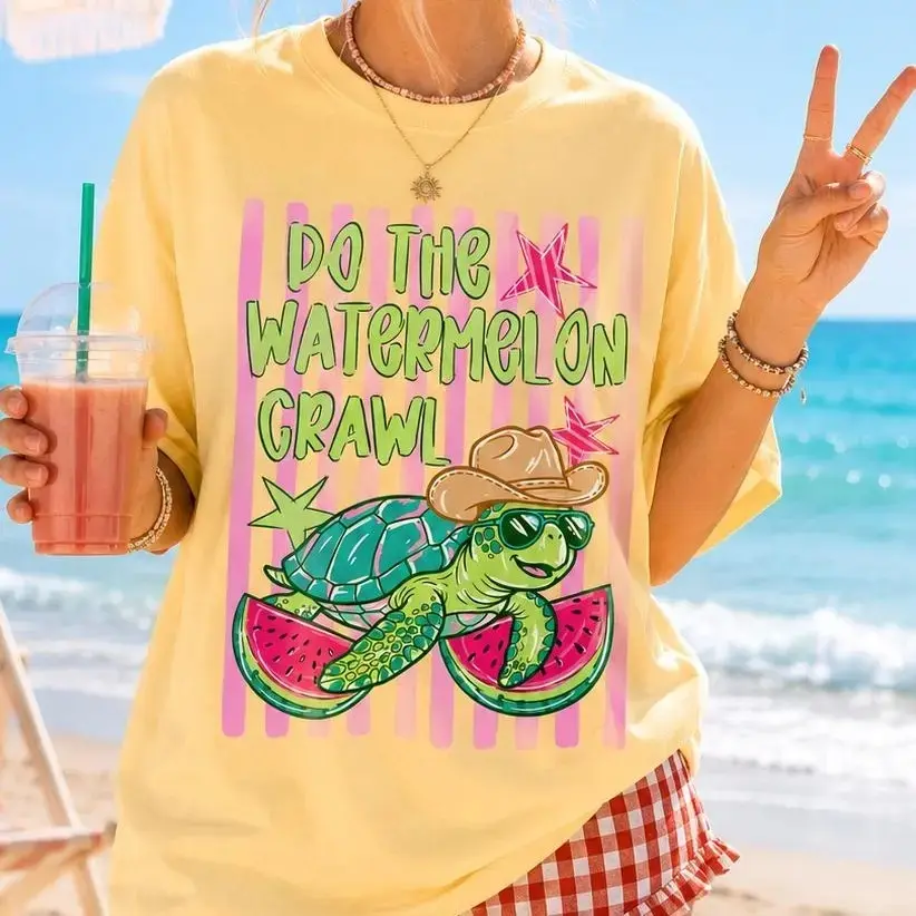 Comfort Colors Do the Watermelon Crawl Shirt, Funny Turtle Summer Tee, Coastal Cowgirl Graphic T-Shirt, Cute Beach Vacation Shirt, Women’s Oversized Summer Top - JACKSON HOAI STORE