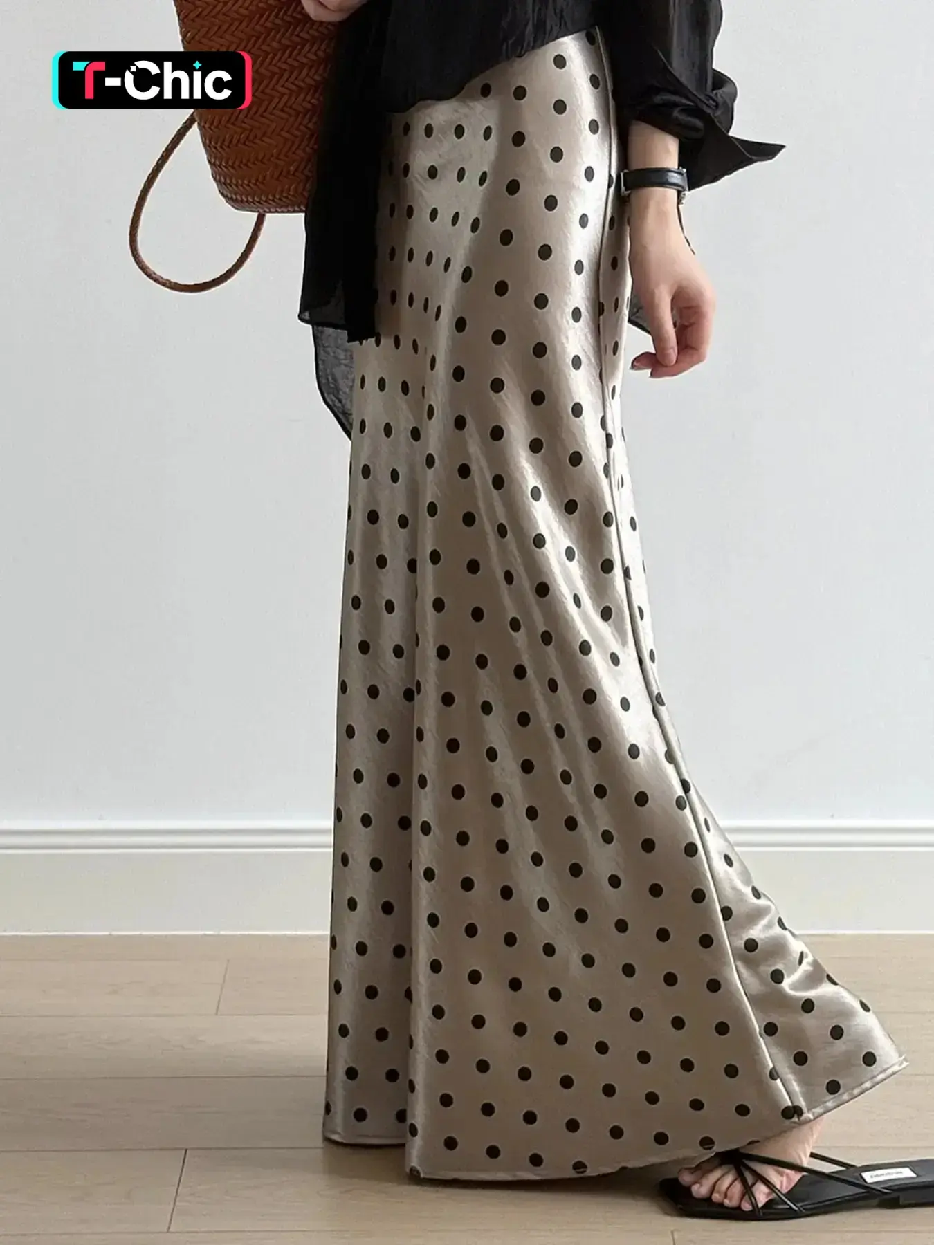 Women's Satin Polka Dot Long Skirt Print Elegant Vintage Midi Skirt Flowy High Waist A Line Silhouette Minimalist Formal Fashion Skirt Office Outfit Lightweight Silky Fabric Daily Casual Elegant Style Lightweight High Waisted Skirt Skirts
