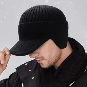 Men's Winter Knitted Hat with Warm Ear Flaps and Sun Visor, Anti-Cold Ski Wool Cap, Outdoor Sports, Soft Elastic Fit, Beanie