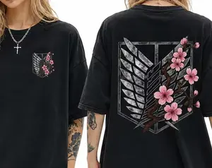 Attack on Titan T-Shirt Wings of Freedom with Sakura Blossom, Manga Anime Gift, AOT