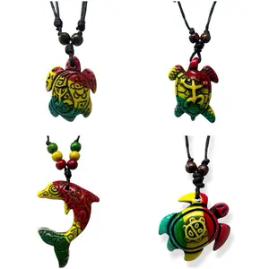 Puerto Rico Rasta Turtle Necklace Taino Dolphin Pendant Adjustable Boho Beach Necklace Handmade Resin Island Jewelry