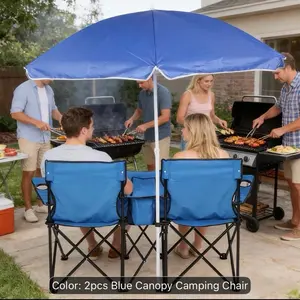 2pcs Blue Canopy Camping Chair Portable Double Camping Chair, Folding Camping Couch With Detachable Adjustable Sun Shade, Carry Bag, Cooler Bag, Side Pockets & Cup Holders, Perfect For Camping, Picnic, Fishing, Beach Activities, Anti-Slip, Universal Fit