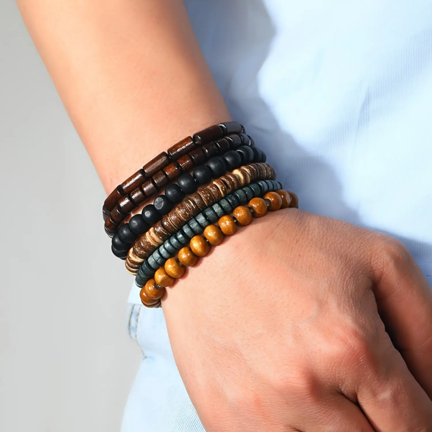 Unisex Trendy Stack Bangle Set - Coconut Shell & Wood Beads, Elastic Band Sports Wristbands, Men's Outdoor Sports Accessories, Bangles Bracelets Set, Stackable Bracelets, Beaded Bracelet Stack
