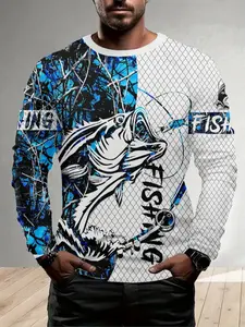 Men's Fishing Long Sleeve Shirt, & Blue Colorblock, Largemouth Bass Graphic, Camo Twig Print, Grid Texture, Breathable Poly, Outdoor Wear, Fishing Apparel, Fishing Clothes