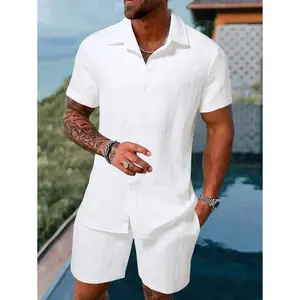 Men Solid Button Up Shirt & Shorts Set, Vacation Plain Husband Casual Clothes Menswear Suits Formal Gamis Tropical Shortsleeve Beige Wetsuit