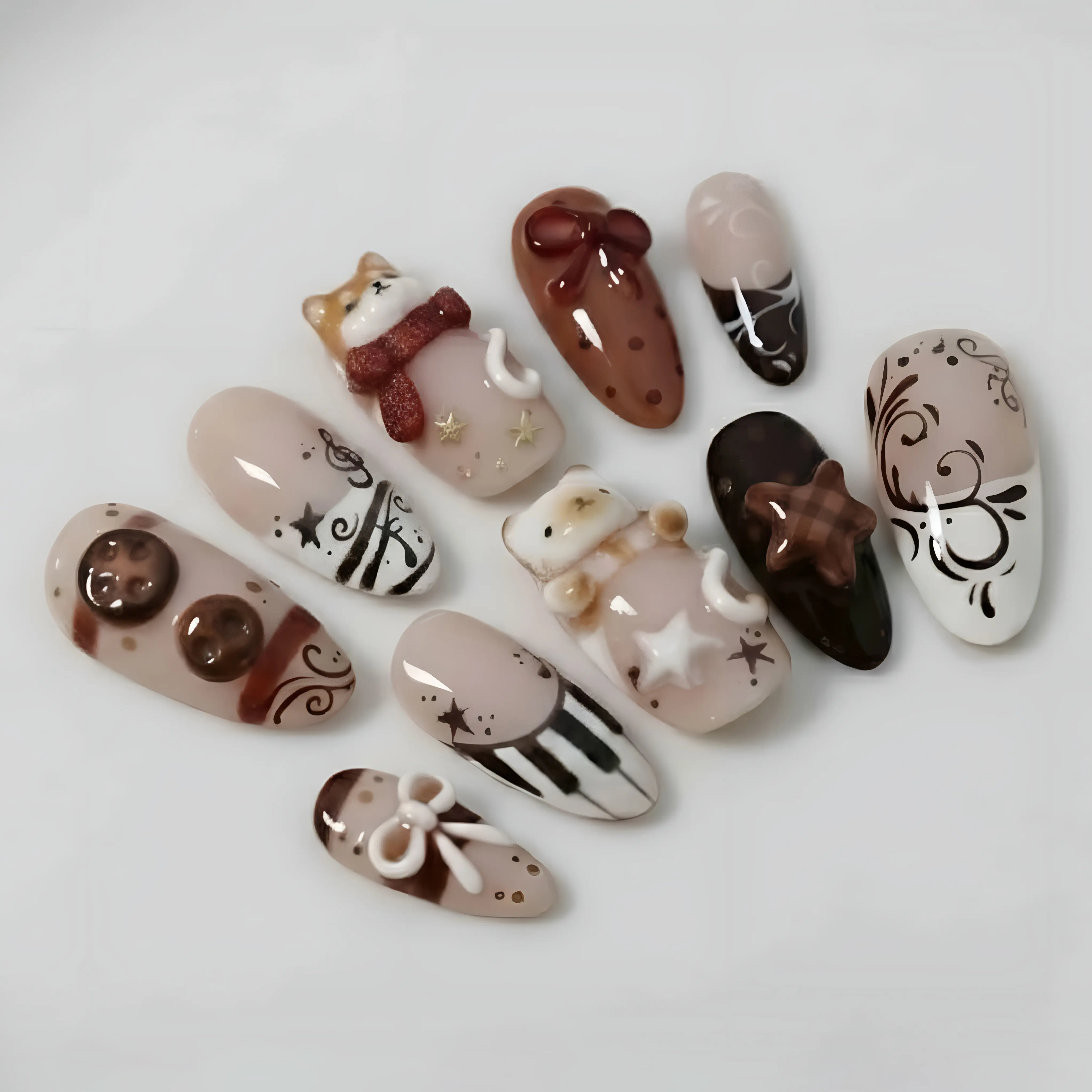Handmade Cozy Winter Cat Press On Nails | 3D Cats, Coffee Tones, Bows & Piano Accents | Long Oval Nails For Warm Cute Vibes