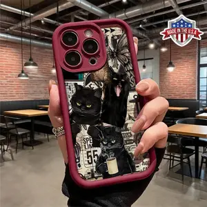 Funny Black Cat Vintage Collage Pattern Case for iPhone 17 16 15 14 Pro Max 13 12 11 XR XS Plus Air Shockproof Anti Drop Protective Slim Lightweight TPU Cover
