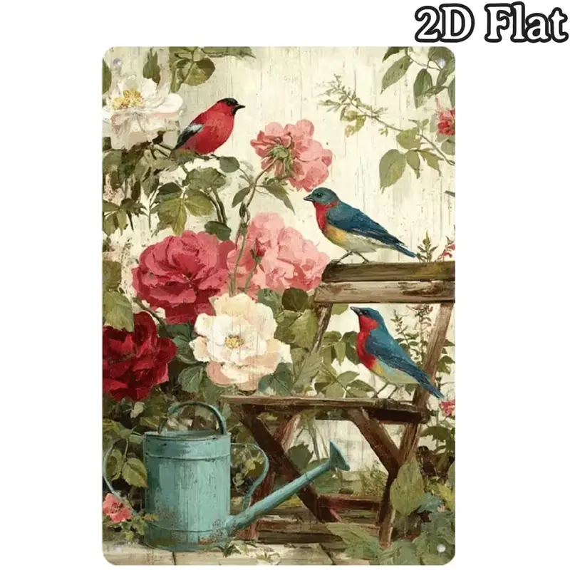 Distressed Look Iron Vintage Tin Sign - Weathered Cream Wood Wall Plaque with 3 Colorful Garden Birds, Red Pink White Roses, Teal Watering Can, Wooden Chair - Shabby Chic Farmhouse Botanical Decor for Front Porch, Room Decor