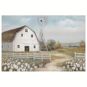 1 Piece Wooden Frame Country Style Farmhouse Wall Art Canvas Print - Vintage Barn and Blue Sky White Flowers Pastoral Scenery, Bedroom Living Room Decoration - Perfect Gift for Country Style Enthusiasts, Detailed Patterns, 2D Flat Surface, Ideal Room Deco