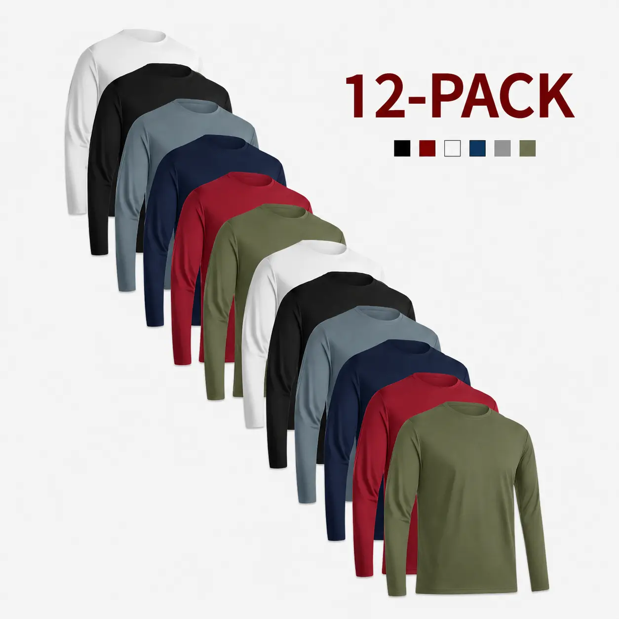 Men's 12-Pack Long Sleeve Sport Tees - Quick-Dry, Breathable, Lightweight, Performance Fit -6-Color Mix for Gym Workouts & Casual Wear, Gym Tops