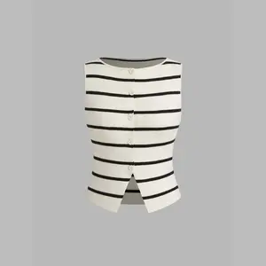 Women's Cider Casual Sleeveless Vest, Knit Boat Neck, Striped, Button Detail, Split Design, Womenswear Tops, Sizes 2-10