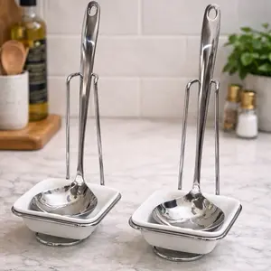 Luxe Ladle Set of 2 Silver Stainless Steel Serving Spoons with Ceramic Bowls for Elegant Dining BPA Free Silver Plating for Luxurious Look