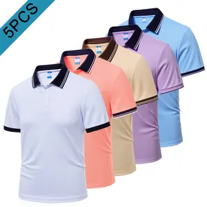 Men’s 5-pack polo shirts, breathable quick-dry fabric, lightweight stretchy polyester material, button design, suitable for summer office wear, casual outings, and everyday wear, comfortable close-fitting short sleeves.