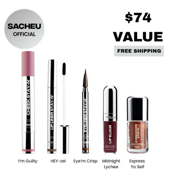 sacheu All Day Glam 5-Piece Makeup Set | Lip Liner, Gloss, Eyeshadow, Eyeliner & Cheek STAY-N Kit | Full Face Long-Wear Makeup Set