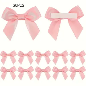 20 pink satin ribbon bows, with a piece of double-sided tape on the bow, made of polyester, used for gift wrapping, baby showers, birthdays, and wedding decorations