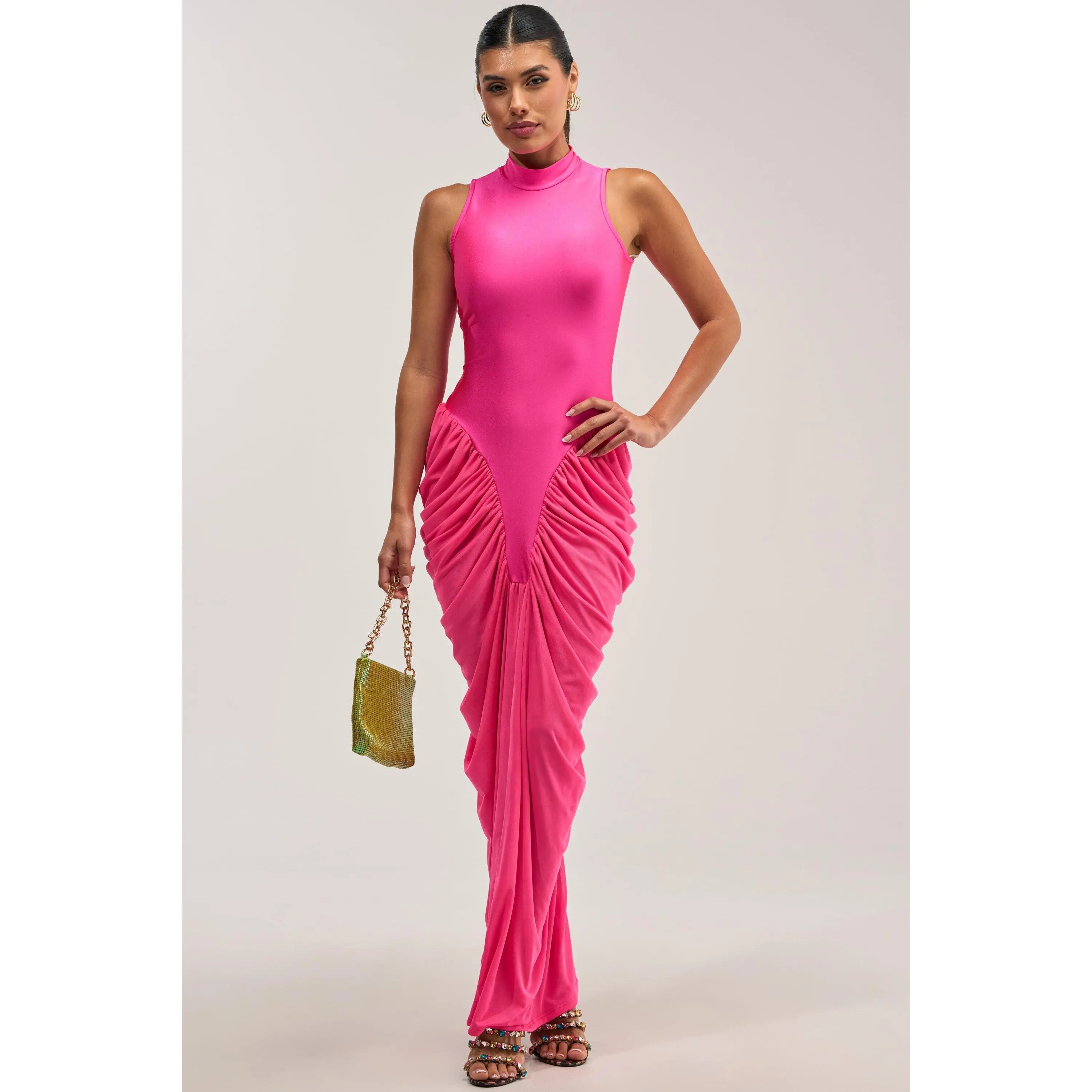 SECOND DATE BODYCON SHINE MAXI DRESS IN FUSCHIA
