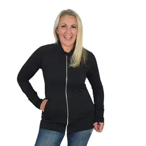 Black Solid No Hood Zip Up Women's Hoodless Hourglass-Patterning Thumbholes Soft Comfy Two-Way-Zipper Deep Pockets Stretchy Spandex Blend Womenswear Feminine Lightweight Everyday Wear Longer-Body