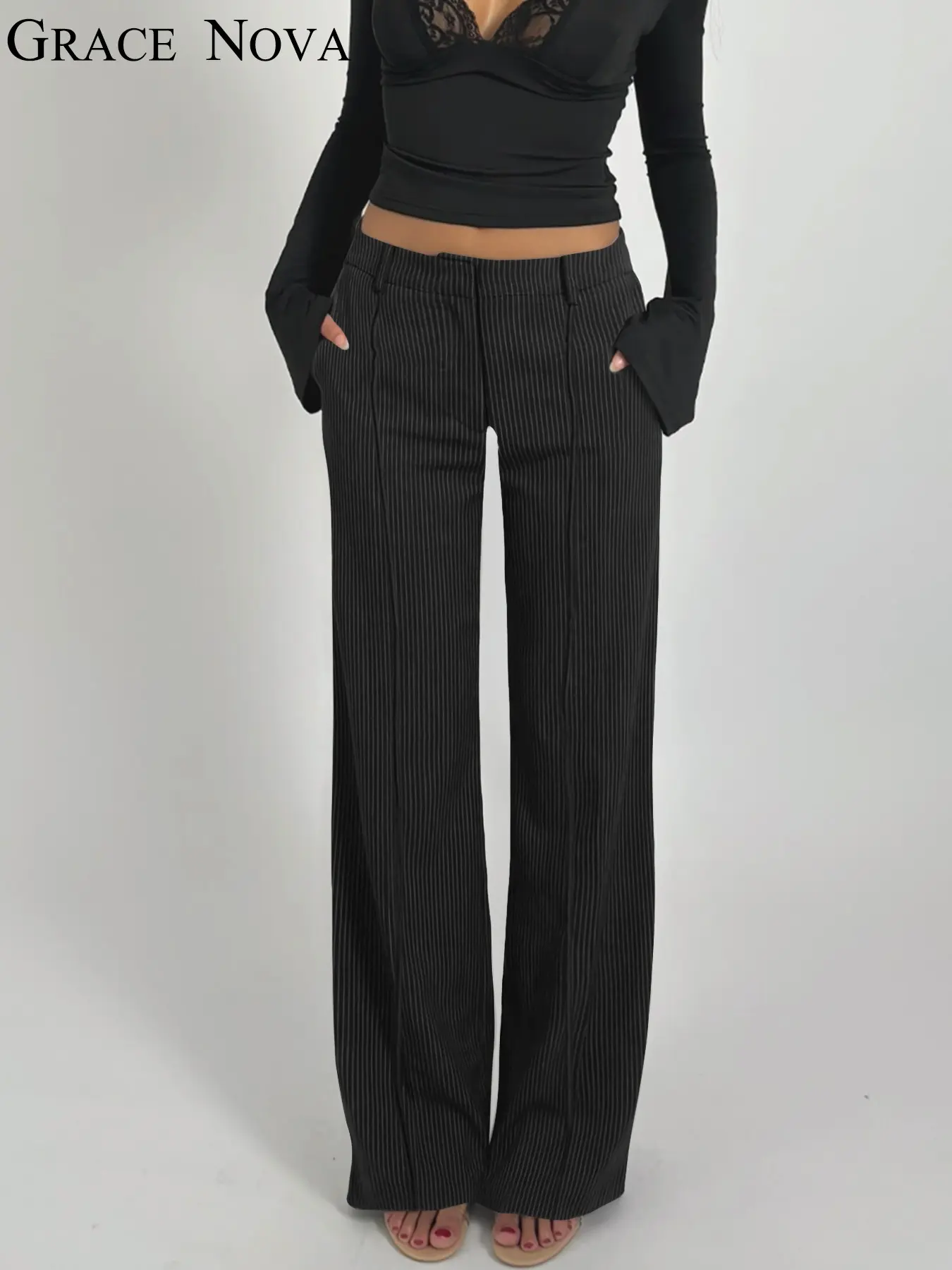 2026 Spring Summer European Style Streetwear Striped Patchwork Low Waist Micro Flare Pants, Women's Slim Fit Suit Long Pants, Unisex Baggy Wide Leg Straight Tube, Casual Chic Trousers, Casual Striped Pants