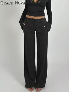 2026 Spring Summer European Style Casual Streetwear Casual Street Trousers Striped Patchwork Low Waist Micro Flare Pants, Women's Slim Fit Suit Long Pants, Unisex Baggy Wide Leg Straight Tube Womenswear
