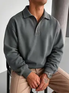 Men's Autumn Winter Polo Collar Button Front Pullover Sweatshirt, Long Sleeve Formal Top for Daily Wear, Stylish Men's Clothing Fitted Casual