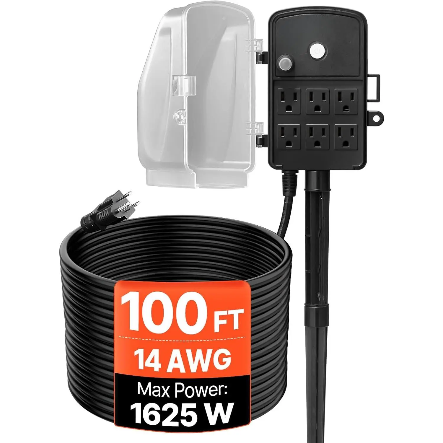 VEVOR Outdoor Power Stake Waterproof, 100 FT Extension Cord, Outdoor Power Strip, Weatherproof with Cover and Overload Protection, 6 Outlets, 13A/1625W for Halloween/Christmas Lights Decorations