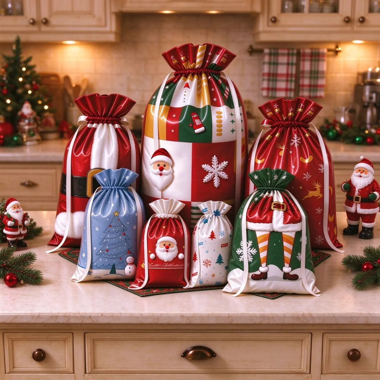 54Pcs Kringle Christmas Drawstring Gift Bags Set, Holiday Wrapping Bags for Xmas Presents
