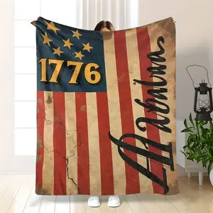 American patriotic themed thick flannel blanket - suitable for sofas, camping, and offices, soft and comfortable, decorated with the 1776 Star Spangled Banner pattern, 280 grams/square meter anti allergic fabric, navy blue color matching, Independence Day