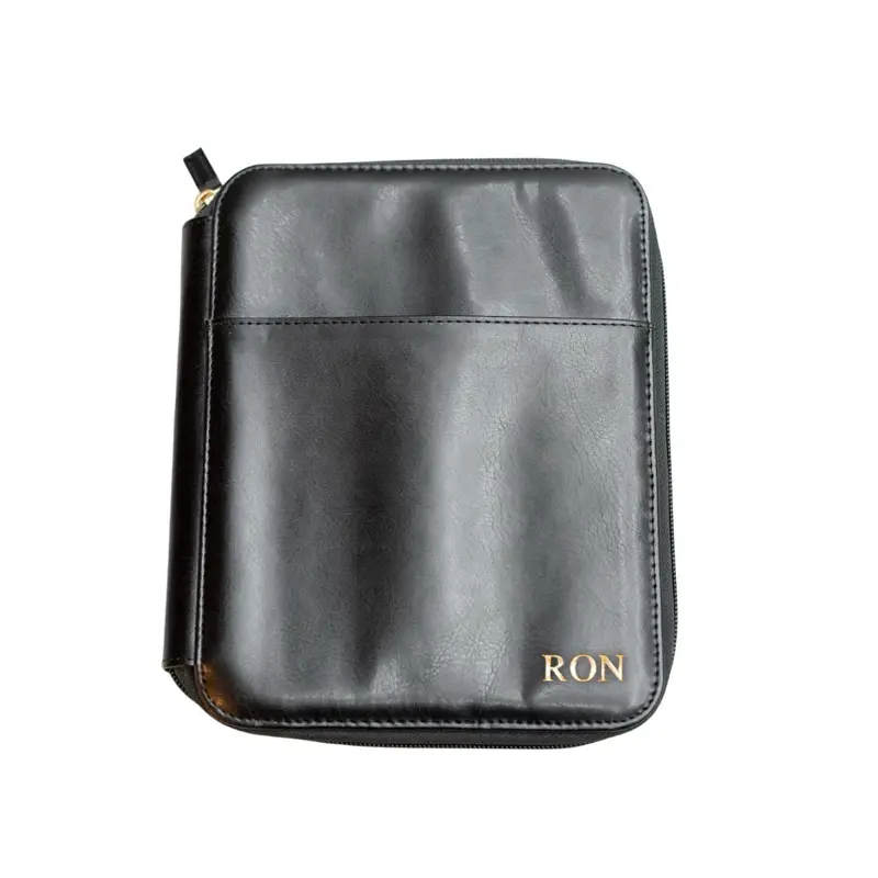 Personalized Black Leather Zippered Tech Portfolio Organizer with Gold Embossed Personalization