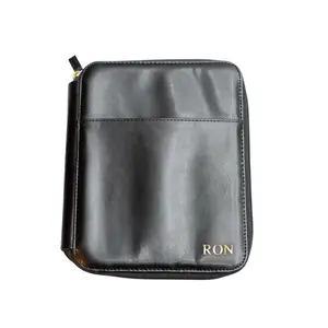 Personalized Black Leather Zippered Tech Portfolio Organizer with Gold Embossed Personalization