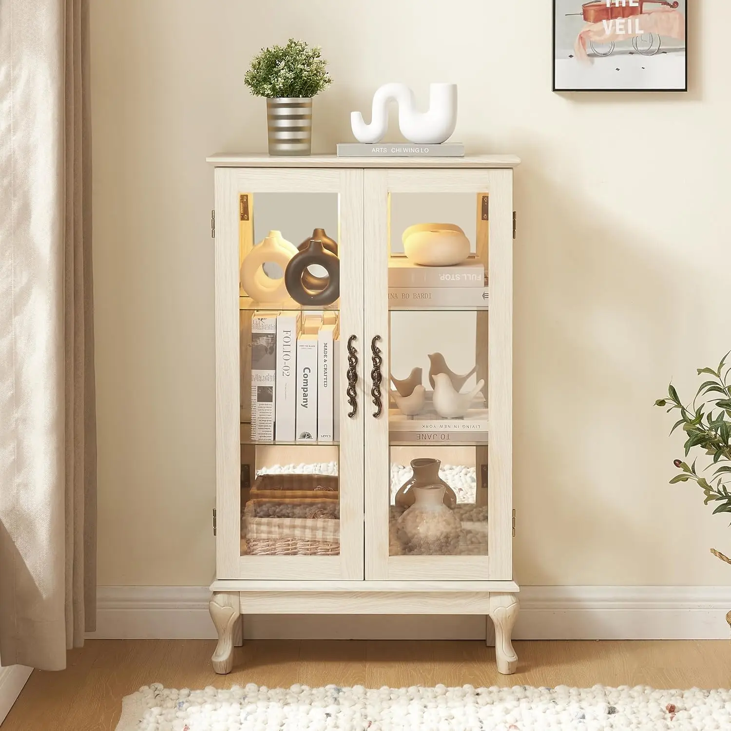 44" Glass Display Cabinet with Mirrored Back Panel & Adjustable Shelves, for Collectibles, Storage Curio Cabinet with 2 Door, 3-Tier Showcase Display Case, Easy Assembly, for Living Room, White